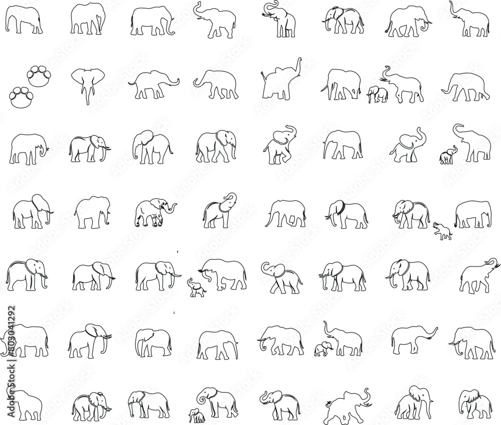 Wall mural elephant vector outline collection. minimalist elephant line art, animal icons in various poses. ide