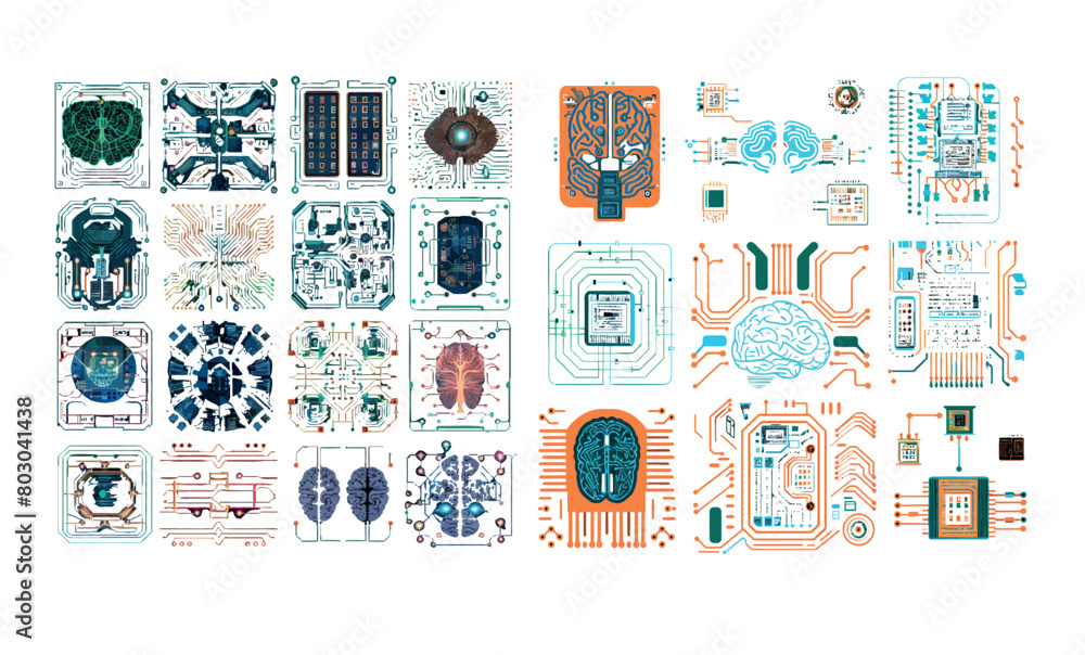 Poster Digital data security technology, futuristic computer system concept with circuit board brains.
