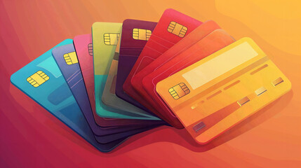 illustration of debit cards, pile of credit cards, a stack of credit cards