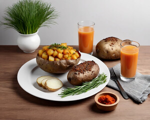 Baked meat with vegetables and baked potatoes