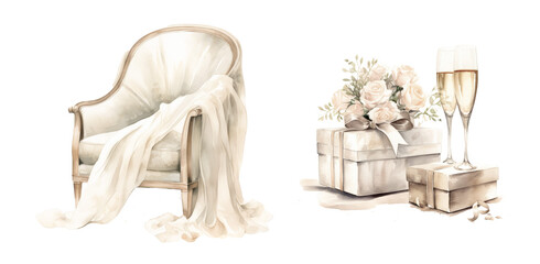 Classic chair and gifts still life scene