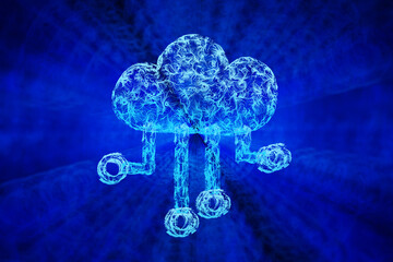 Neon glowing cloud with abstract dotted pattern connecting to several nodes in blue sunburst background. Illustration of the concept of cloud computing and software as a service (SAAS)