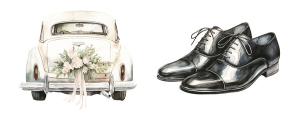 Vintage wedding car and groom's shoes watercolor
