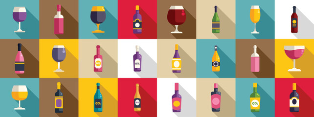 Non-alcoholic wine icons set flat vector. Summer party drink. Healthy drink