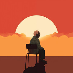 Naklejka premium illustration of an old man sitting on ta chair watching the sunset, being lonely, isolated, and depressed
