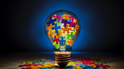 A lightbulb filled with colorful puzzle pieces, illuminated.