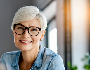 portrait of friendly beautiful smiling 50 years happy old woman with white hair grey at home with glasses