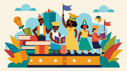 A bookthemed parade featuring floats decorated with scenes from popular African American literary works with enthusiastic crowds cheering on the. Vector illustration