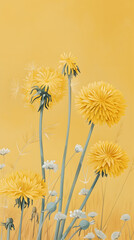 yellow dandelion illustrations, spring daytime, peaceful, pastel yellows