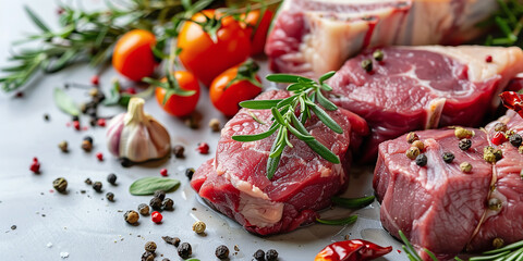 various raw meat products including beef and lamb with rosemary and pepper on a white table. The close-up photo captures the freshness and quality of fresh red meat cut into pieces