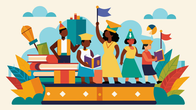 A bookthemed parade featuring floats decorated with scenes from popular African American literary works with enthusiastic crowds cheering on the. Vector illustration