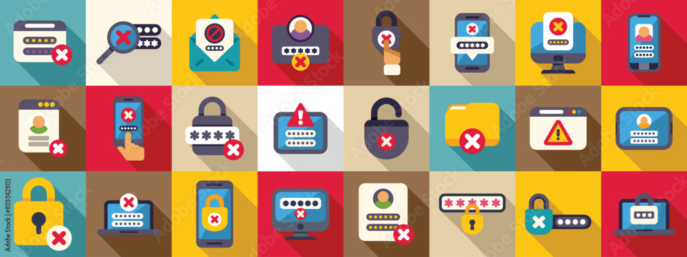 Poster wrong password icons set flat vector. lock key forget. work data shield