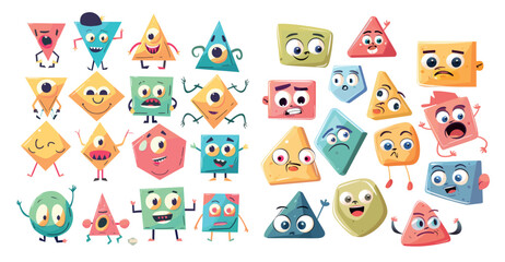 Math learning characters with geometric shapes. Geometric mascot faces with funny emotions, hands and legs.