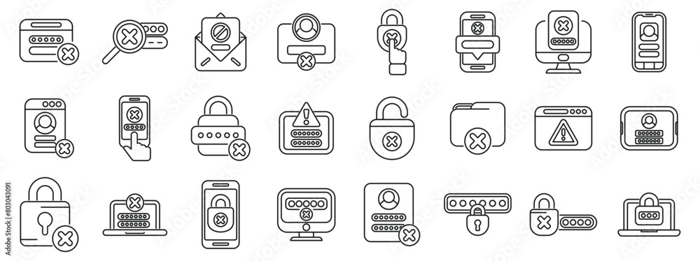 Poster wrong password icons set outline vector. lock key forget. work data shield
