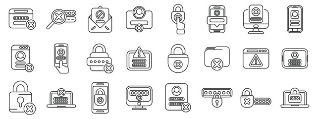 Wrong password icons set outline vector. Lock key forget. Work data shield