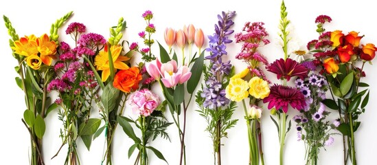 Isolated seasonal flowers in a variety of flower bouquets