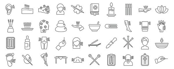 Acupuncture icons set outline vector. Meridian body. Liver point needle