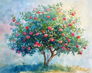 Gentle watercolor depiction of an apple tree, using bright pastels to illustrate a calm, serene, and heartfelt setting