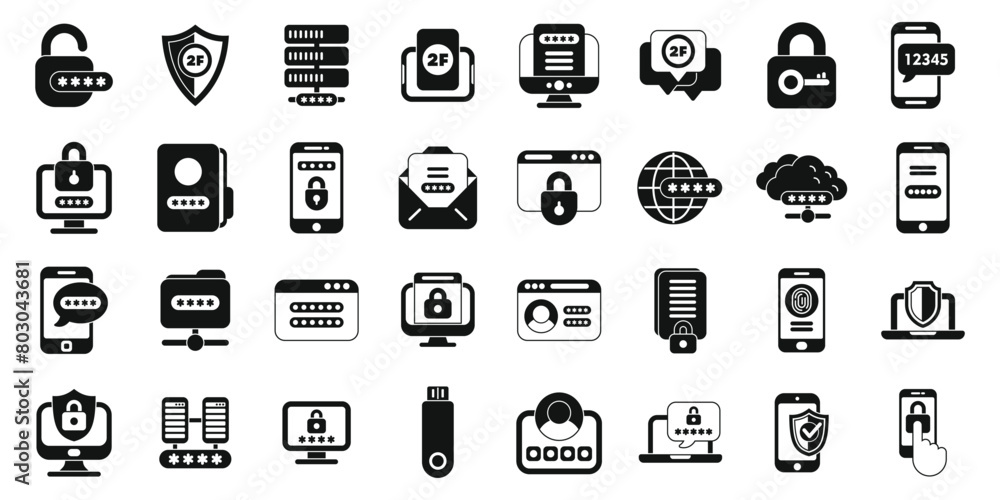 Poster multi factor authentication icons set simple vector. password security. page login