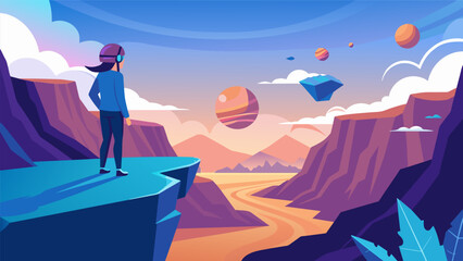 A person standing on a virtual cliff looking out at a vast and beautiful landscape as they undergo a transformative ketamine therapy journey guided by.