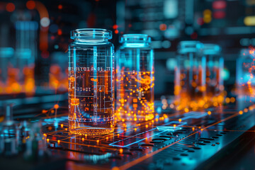 Biology, laboratory and 3D holographic overlay for science, 3d, illustration