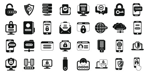 Multi factor authentication icons set simple vector. Password security. Page login