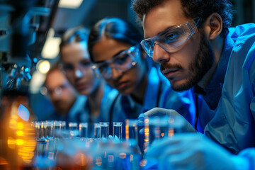 Biology, laboratory and 3D holographic overlay for science, 3d, illustration