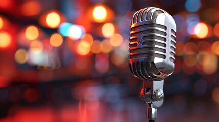 Professional microphone in recording studio with blurred background and space for text
