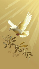 peace dove with a branch in the sunlight, created with generative AI technology
