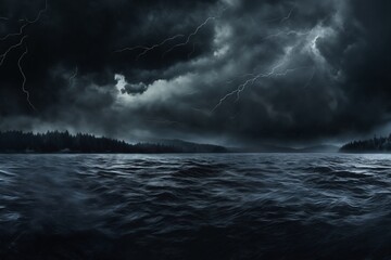 Fototapeta premium night landscape, dark dramatic stormy sky with cumulus clouds over forest and river, for abstract background