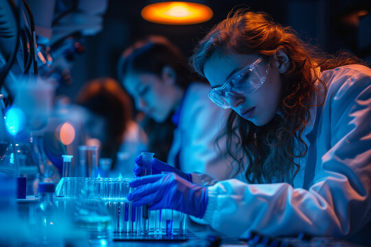 Biology, laboratory and 3D holographic overlay for science, 3d, illustration