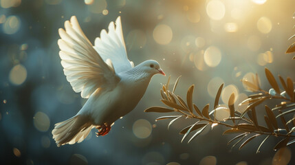 peace dove with a branch in the sunlight, created with generative AI technology