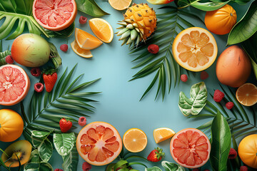 Beautiful summer frame, posters and banners with fruits, 3d, illustration