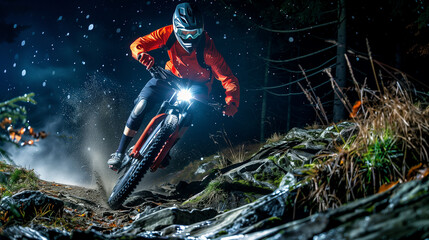 Mountain biker cycling along a rocky forest trail at night