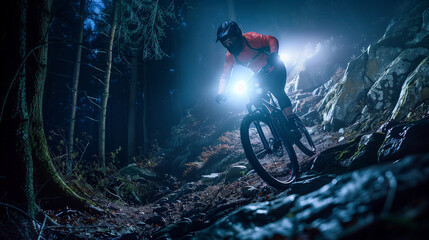 Mountain biker cycling along a rocky forest trail at night