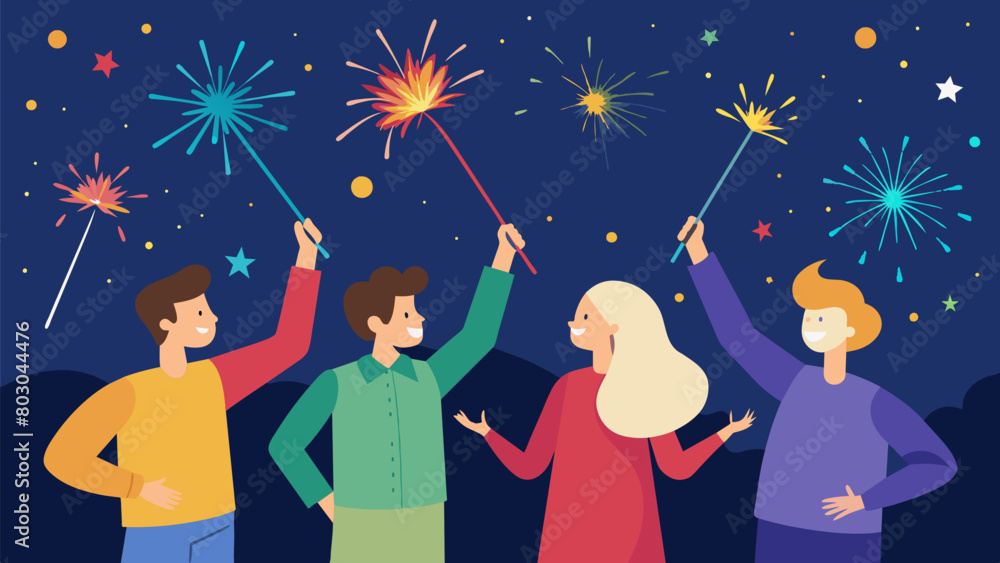 Poster a group of friends setting off sparklers and writing their names in the night sky illuminated by the