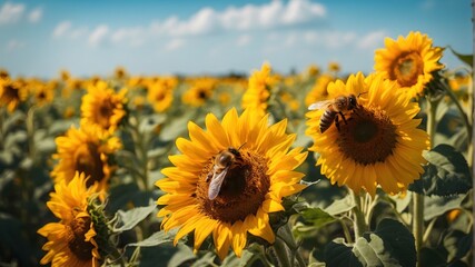 Bees And Sunflowers, day light, Nature photography