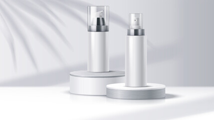 Cosmetic products bottles on podium in palm shadow realistic vector illustration. Beauty care promotion stage 3d objects on white background