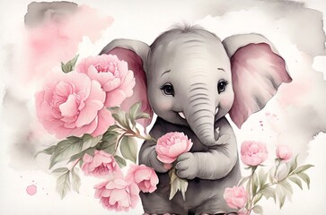 Watercolor illustration of baby elefant with pink flowers. Concept for birthday cards, posters,...