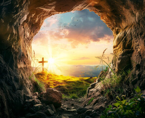 holy saturday,The empty tomb of Jesus Christ with the cross outside at sunrise,