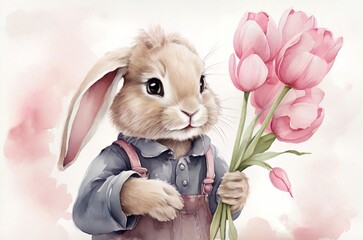 Watercolor illustration of baby rabbit with pink tulip flowers. Concept for birthday cards, posters, stickers. AI generated