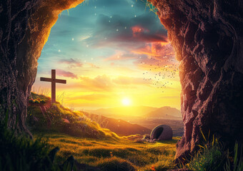 holy saturday,The empty tomb of Jesus Christ with the cross outside at sunrise,