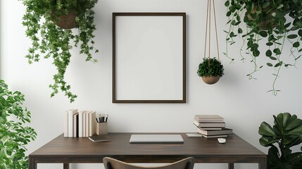 Frame mockup, books and plants on dark brown table, white wall background, 3d render,