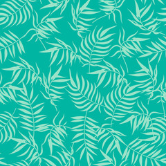 Tropical palm leaf seamless pattern. Trendy summer texture, fresh palm leaves print on green background. Vector pattern for fabric, wrapping paper, decor, wallpapers, natural product cover, textile.