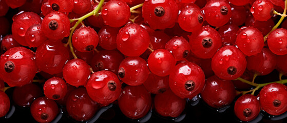 Texture of ripe red currant berries. Red currant natural background wallpaper banner. A lot of red berries of ripe currants. Farming concept, harvesting