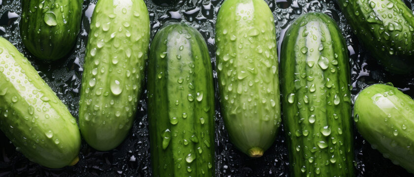 Fresh Cucumbers seamless background, adorned with glistening droplets of wate