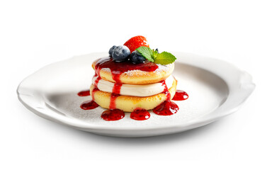 苺とクリームを飾ったスフレパンケーキの皿　白背景の切り抜き