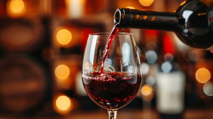 Close up of elegant red wine pouring in sophisticated upscale restaurant ambiance