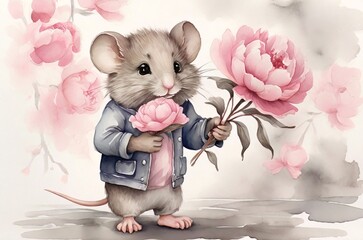 Watercolor illustration of baby mouse with pink tulip flowers. Concept for birthday cards, posters, stickers. AI generated