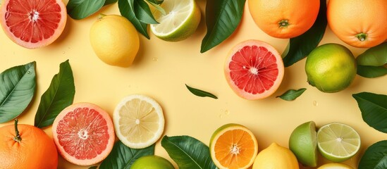 A creative backdrop featuring a variety of summer tropical fruits with leaves such as grapefruit, orange, tangerine, lemon, and lime on a soft yellow background. Food theme.